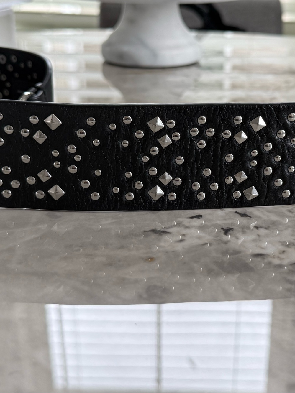 Black Leather Studded Bag Strap with Silver Hardware